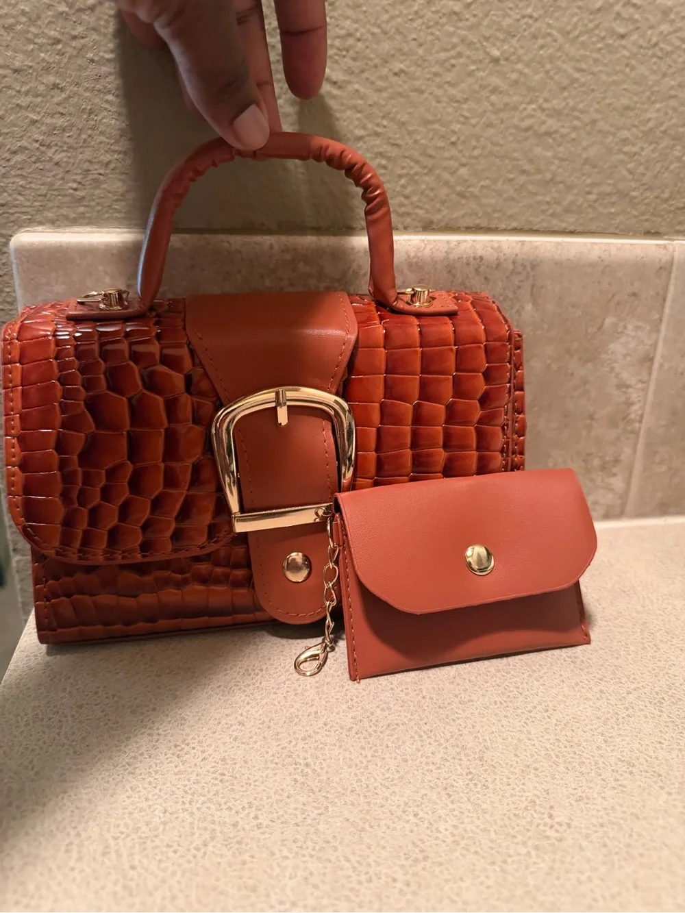 Rust Orange Croc-Embossed Top Handle Satchel with Matching Cardholder